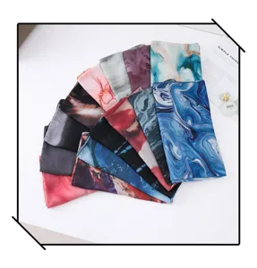 Women's watercolor gradient printed satin silk scarf shawl, elegant multi-color fashion accessory detail view.
