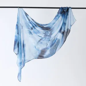 Elegant blue gradient watercolor silk scarf, perfect for women's daily fashion and styling.