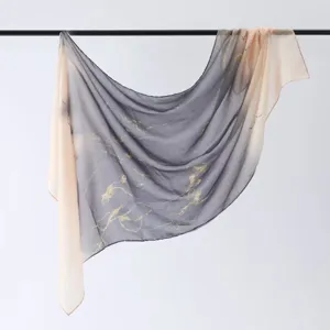 Gradient watercolor scarf detail, elegant satin fabric texture, premium women fashion shawl