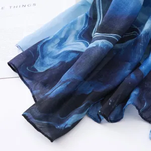 Blue gradient watercolor silk scarf fabric detail close up showing exquisite texture and print.