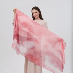 Women watercolor gradient pink silk scarf elegant long fashion floral shawl wrap design