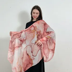 Elegant pink watercolor marble print women's shawl, soft gradient fashion scarf.