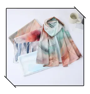 Women watercolor print satin polyester long scarf elegant fashion shawl wrap accessories
