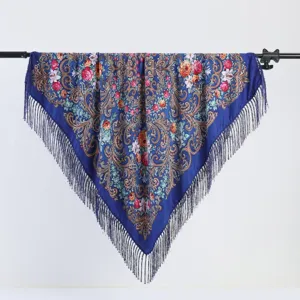 Blue ethnic floral print scarf women warm winter fringe shawl traditional style turban square