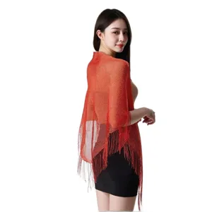 Elegant red metallic fringe triangle shawl for women, stylish hollow out cape for spring and summer.