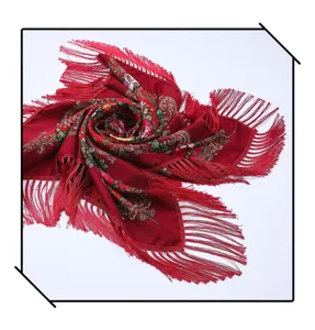 Exquisite red ethnic floral square scarf with long fringe, perfect cozy winter shawl detail.