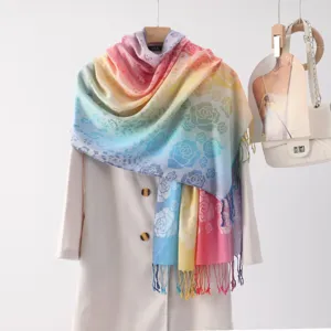 Rainbow gradient rose pattern long tassel scarf elegant women fashion travel shawl.