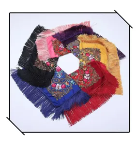 Ethnic style floral print square scarf with fringe, vintage shawl and headscarf for women.