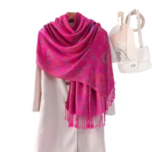 Classic ethnic paisley embroidered tassel scarf women long shawl winter warm elegant pink
