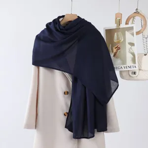 Écharpe longue unie en coton et lin pour femme printemps automne bleu marine élégante