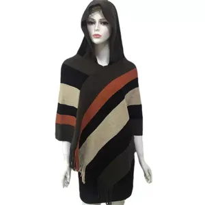 Women knitted hooded striped fringe cape shawl autumn winter warm sleeveless poncho