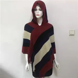 Women Hooded Cape Shawl Faux Cashmere Striped Tassel Poncho Winter Warm Sleeveless Open Front Cloak Outerwear