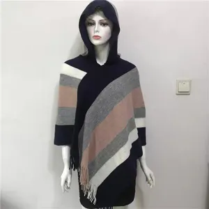Women's hooded knitted striped tassel poncho cape, warm sleeveless winter outer shawl.