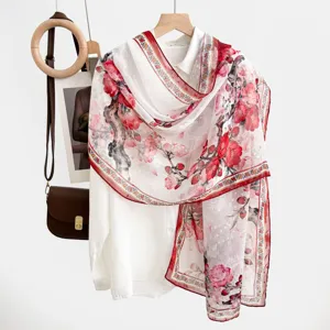 Chinese style floral print sheer shawl elegant lightweight summer sun protection scarf for women
