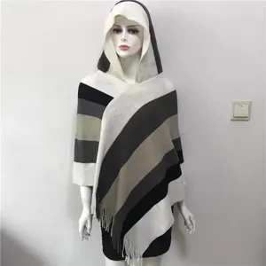 Women knit hooded striped fringe poncho cape winter warm sleeveless shawl casual outerwear