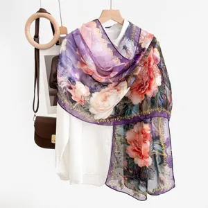 Floral printed chiffon scarf, elegant Chinese style sun protection shawl for women.
