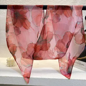 Gradient floral chiffon scarf long ribbon skinny neckerchief elegant chic accessory