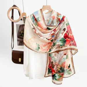 Women summer floral print lightweight sheer scarf elegant vintage sun protection shawl