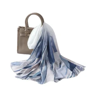 Women satin polyester long scarf with blue abstract watercolor print, elegant fashion neck wrap.