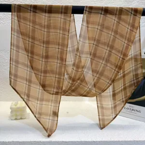 Brown plaid diagonal ribbon scarf, lightweight chiffon neck scarf for women detail view.