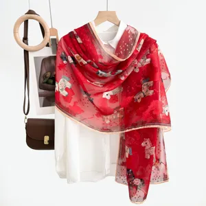 Summer red printed hollow scarf shawl for women, lightweight sun protection silk accessory.