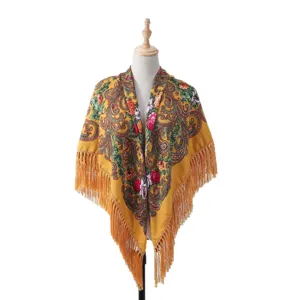 Ethnic floral print women shawl winter warm tassel scarf retro paisley square hijab
