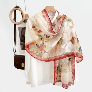 Summer sunscreen shawl for women, hollow cut-out Chinese style silk scarf, elegant floral print.