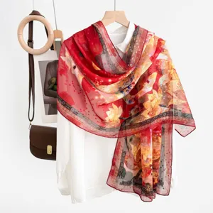 Summer sunscreen gauze scarf with artistic print, lightweight and elegant for daily wear.