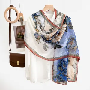 Chinese style floral print chiffon scarf, elegant blue and white summer sun protection shawl.