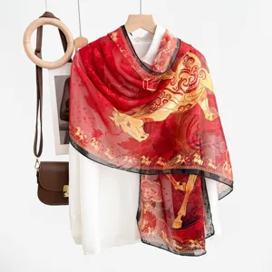 Elegant red Chinese style silk scarf featuring vintage golden horse pattern and lightweight shawl.