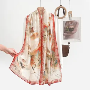 Chinese style landscape horse print long scarf women lightweight sun protection shawl wrap