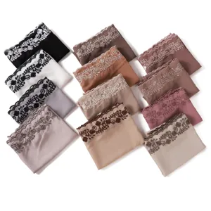 Solid color chiffon lace embroidery long scarf, elegant women sun protection hijab shawl.