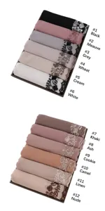 Chiffon scarf detail showing delicate floral lace embroidery edge in multiple elegant colors.