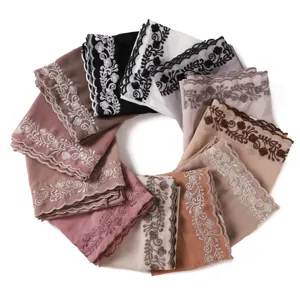 Solid color chiffon embroidered lace long scarf women summer sun protection shawl hijab