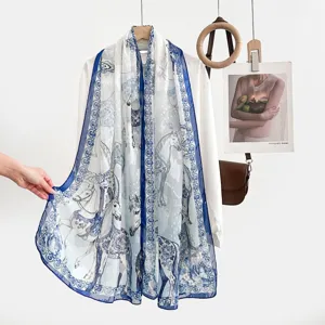 Elegant blue and white horse print silk scarf women sun protection shawl breathable wrap.