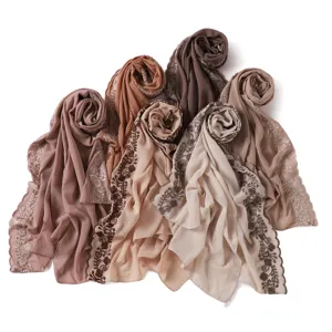 Women chiffon embroidered lace long scarf shawl, elegant solid color sun protection hijab.