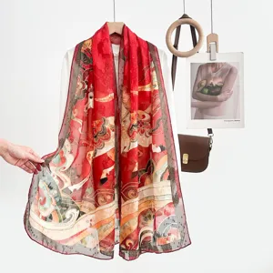 Summer Chinese style printed silk scarf women lightweight sunscreen shawl elegant drape design