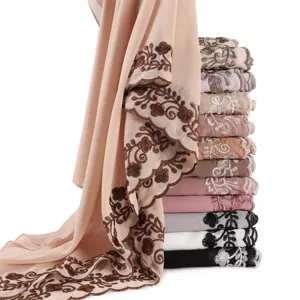 Elegant chiffon embroidered long scarf, solid color breathable shawl for women.
