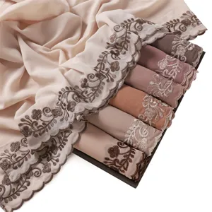 Solid color chiffon embroidered lace long scarf women summer sun protection shawl elegant hijab