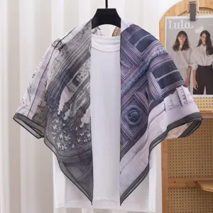 French vintage architectural print square scarf, lightweight sun protection shawl for summer.