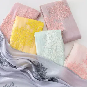 Women Scarf Lightweight Breathable Hijab Embroidered Sequin Long Shawl Floral Design Versatile Fashion Wrap Headwear