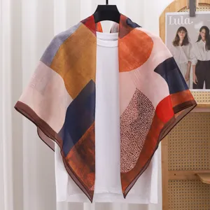Vintage geometric print square scarf, elegant faux silk cotton shawl for women daily wear.