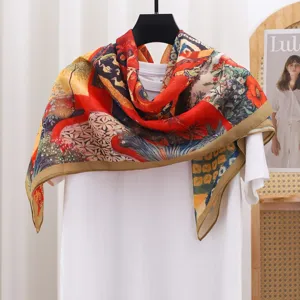 French vintage floral printed large square scarf lightweight soft silk cotton shawl for women summer