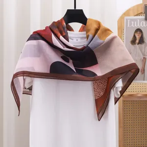 French retro geometric print silk-cotton square scarf, versatile summer sun protection shawl.