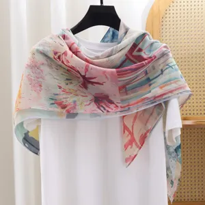 French vintage printed square scarf, versatile silk-cotton sun protection shawl for women