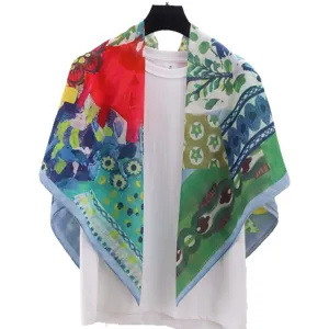 French retro printed square scarf for women, versatile sun-protection large shawl and wrap.