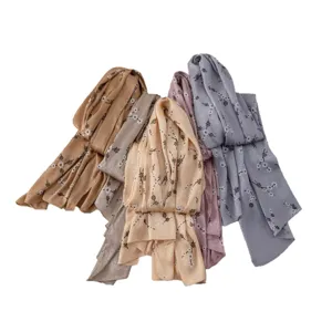 Women pleated floral long scarf vintage hijab elegant casual neck wrap shawl 180x70cm