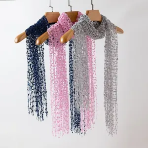Women Fashion Sequin Tassel Scarf Hollow Out Mesh Long Shawl Versatile Decorative Evening Party Wrap