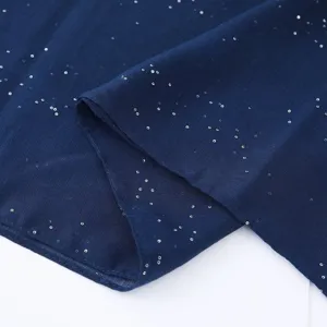 Donkerblauwe glitter sjaal voor dames, lichte lange fonkelende hijab omslagdoek stijl.