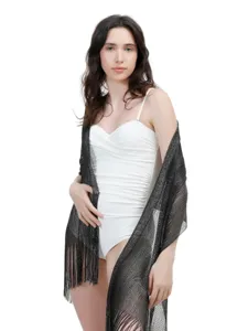 Women metallic fringe shawl thin evening dress wrap decorative tassel sun protection scarf